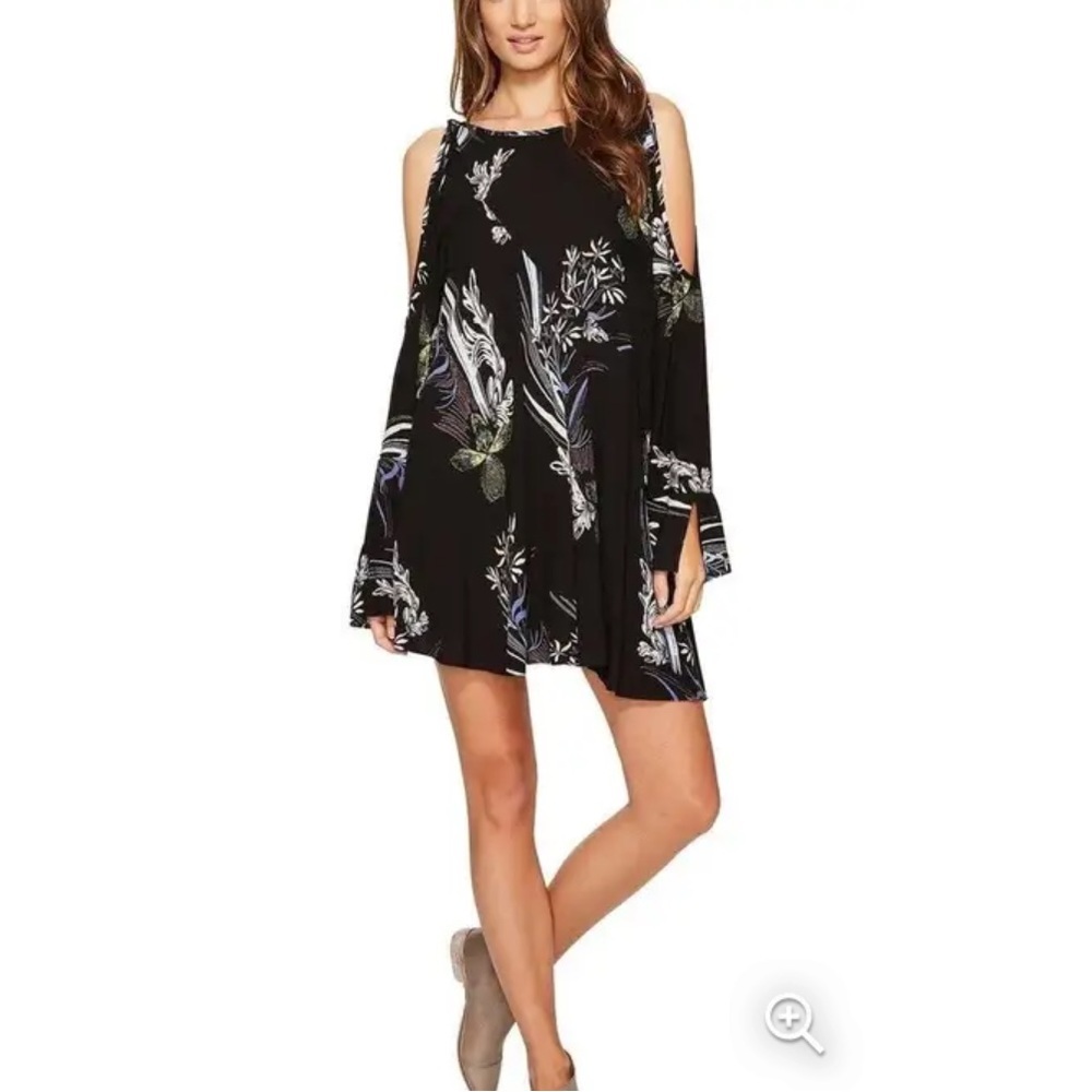 Free People Clear Skies Are Blue Floral Printed Tunic Cold Shoulder Dress Sz M - Picture 1 of 13